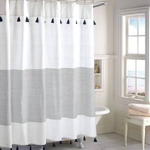 NWOT PERI HOME Panama Stripe Boho Farmhouse Tassel Navy Cotton Shower Curtain